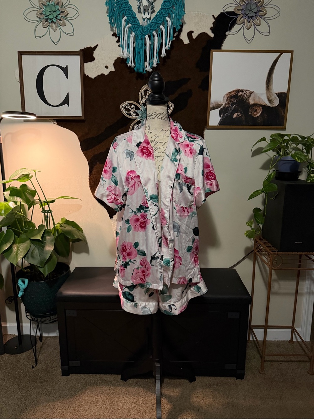 Victoria's Secret Floral Satin Pajama Set - White & Pink